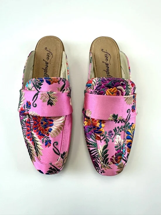 Free People At Ease pink brocade loafer Mules Size 38 Embroidered Boho floral - Picture 4 of 10
